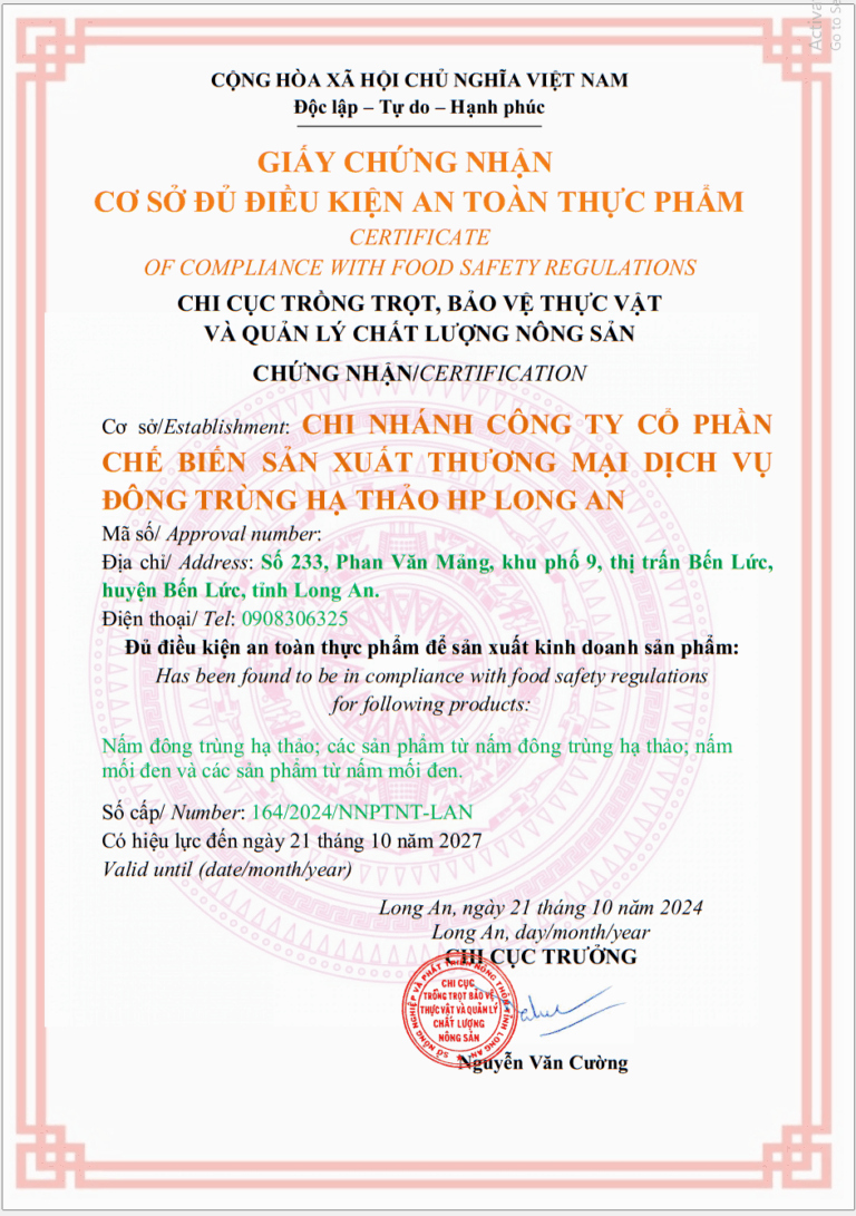 Giấy chứng nhận cơ sở đủ điều kiện an toàn thực phẩm – HP Long An