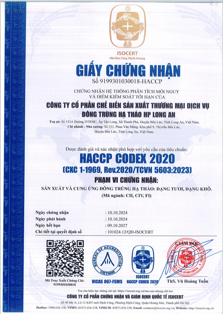 Giấy chứng nhận HACCP CODEX 2020 – HP Long An, cấp bởi ISOCERT